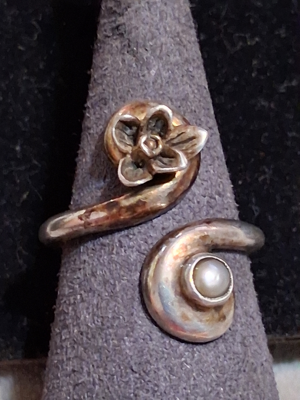Vintage Geo Art Sterling Silver Pearl Floral Bypass Wrap Ring 925 Sz 7